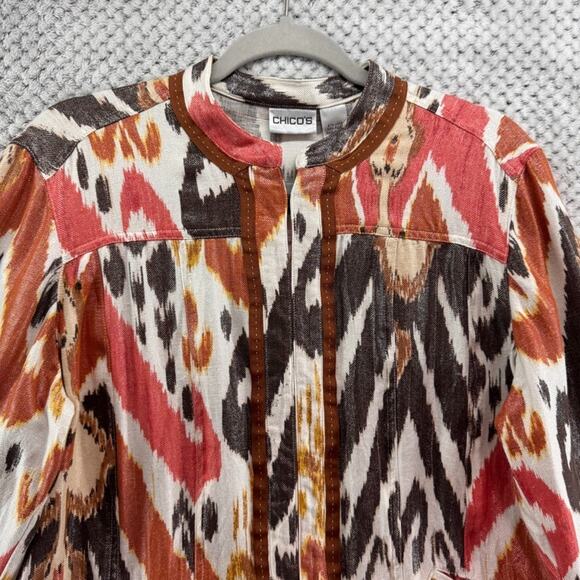 Chicos Jacket Women 2 L Orange Brown Linen Abstract Ikat Metallic Western Pocket - Picture 3 of 16